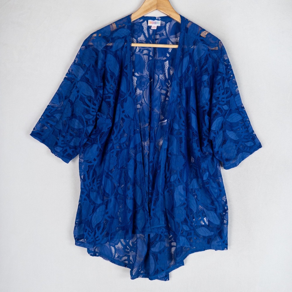 LuLaRoe Lindsay Kimono Cardigan Small Blue Floral Lace Open Front High Low Boho